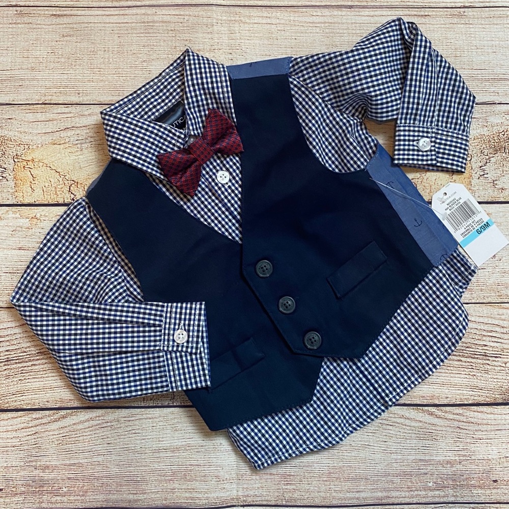 NWT Nautica Boys Vest Shirt Bow Tie-  6/9 Months